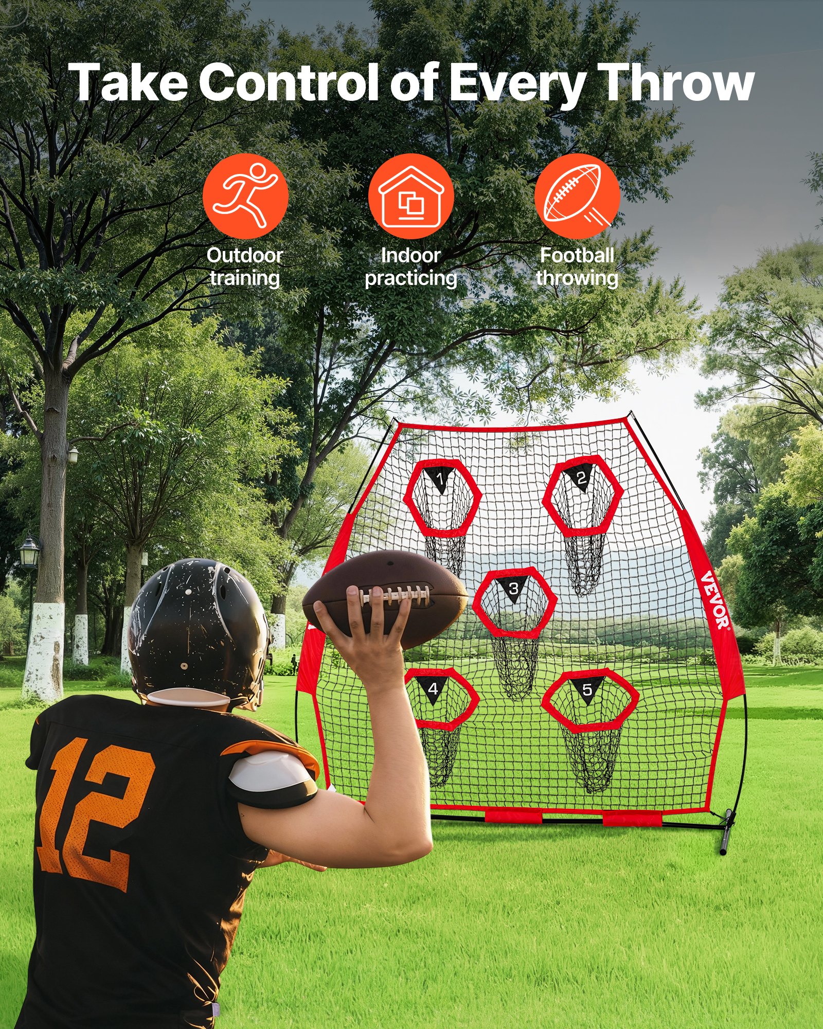 VEVOR 2133.6 x 2133.6mm Football Trainer Throwing Net, Training Throwing Target Practice Net with 5 Target Pockets, Knotless Net Includes Straps and Portable Carry Case, Improve QB Throwing Accuracy