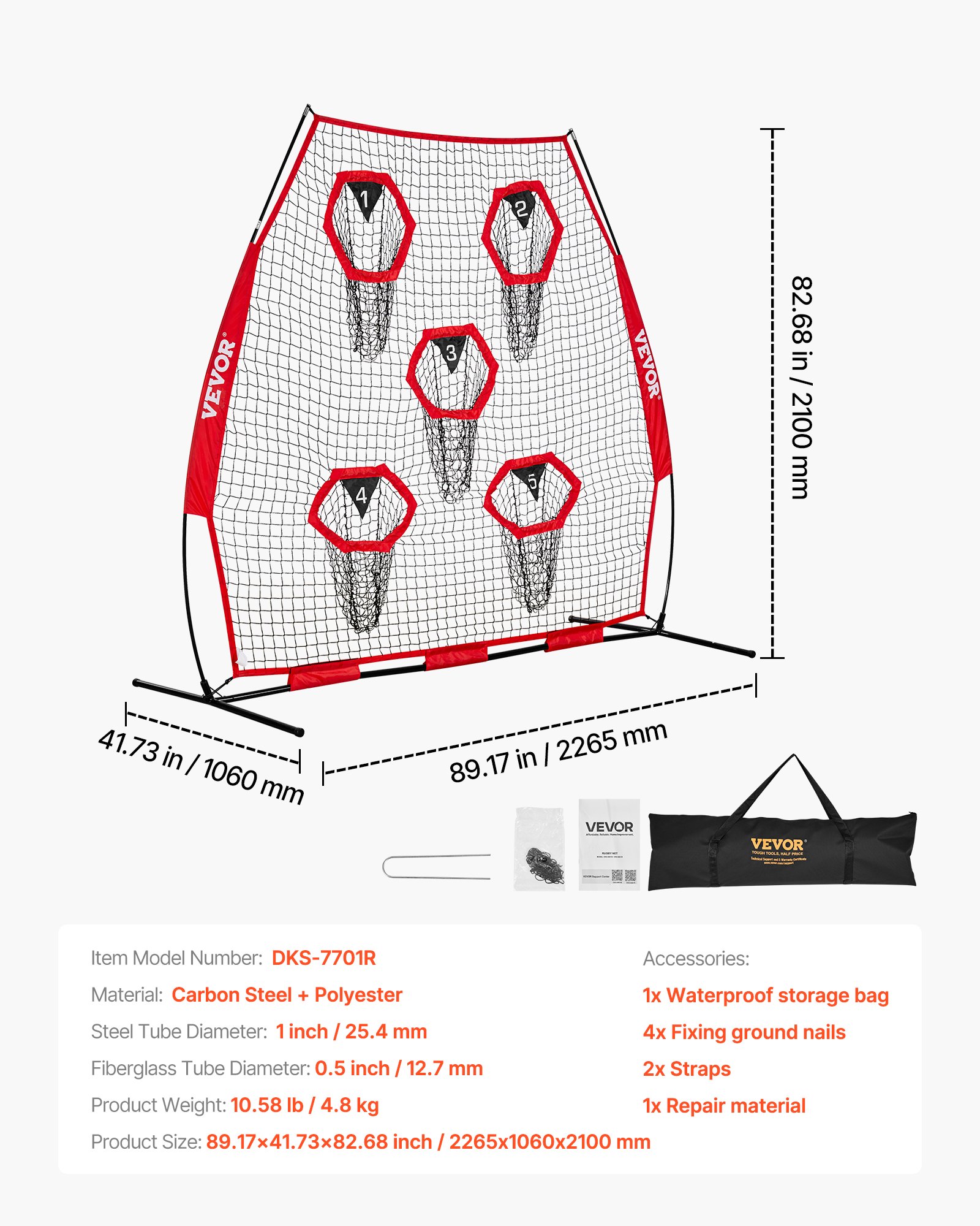VEVOR 2133.6 x 2133.6mm Football Trainer Throwing Net, Training Throwing Target Practice Net with 5 Target Pockets, Knotless Net Includes Straps and Portable Carry Case, Improve QB Throwing Accuracy