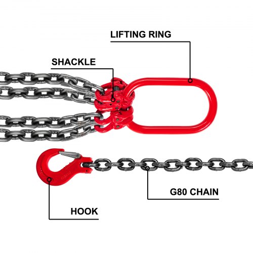 Zawiesie łańcuchowe — 6/15" x 6,5' z czterema cięgnami i stalowym hakiem — klasa 80