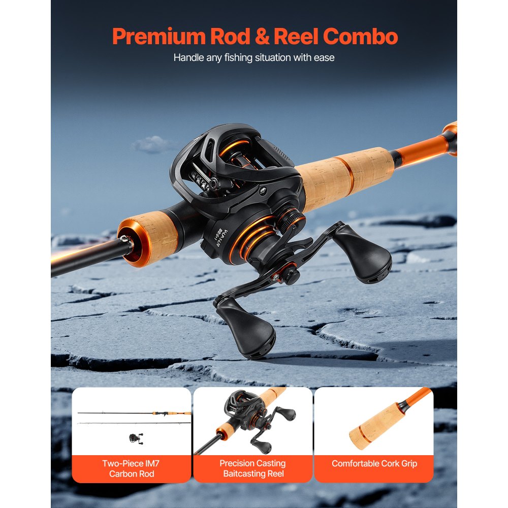 VEVOR Rod and Fishing Reel Combo, IM7 Carbon Fiber Baitcasting Rod and Reel Combo, Bass Fishing Pole with 6+1 BB System, 7.0:1 Gear Ratio, Cork Handle, Stainless Steel Guides with Ceramic Rings
