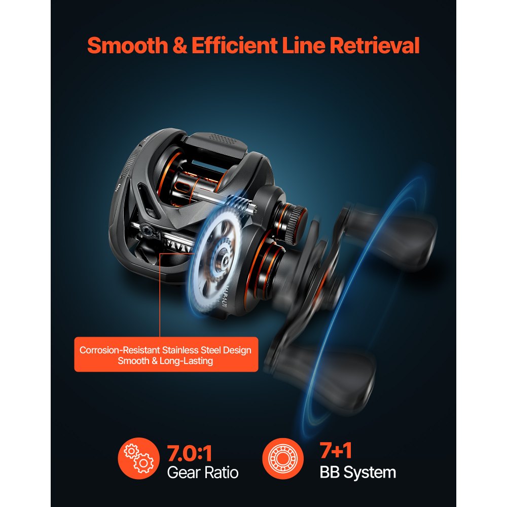 VEVOR Rod and Fishing Reel Combo, IM7 Carbon Fiber Baitcasting Rod and Reel Combo, Bass Fishing Pole with 7+1 BB System, 7.0:1 Gear Ratio, Cork Handle, Stainless Steel Guides with Ceramic Rings