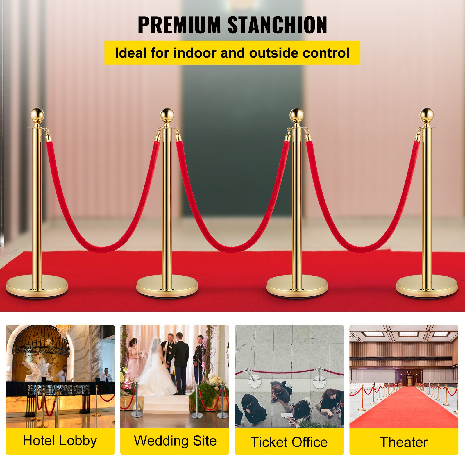 VEVOR Crowd Control Posts (Golden) (4 pcs) with 3 Red Velvet Ropes (1.5 m long), Stainless Steel & Zinc Alloy Barrier Posts for Exhibitions and Shopping Centers