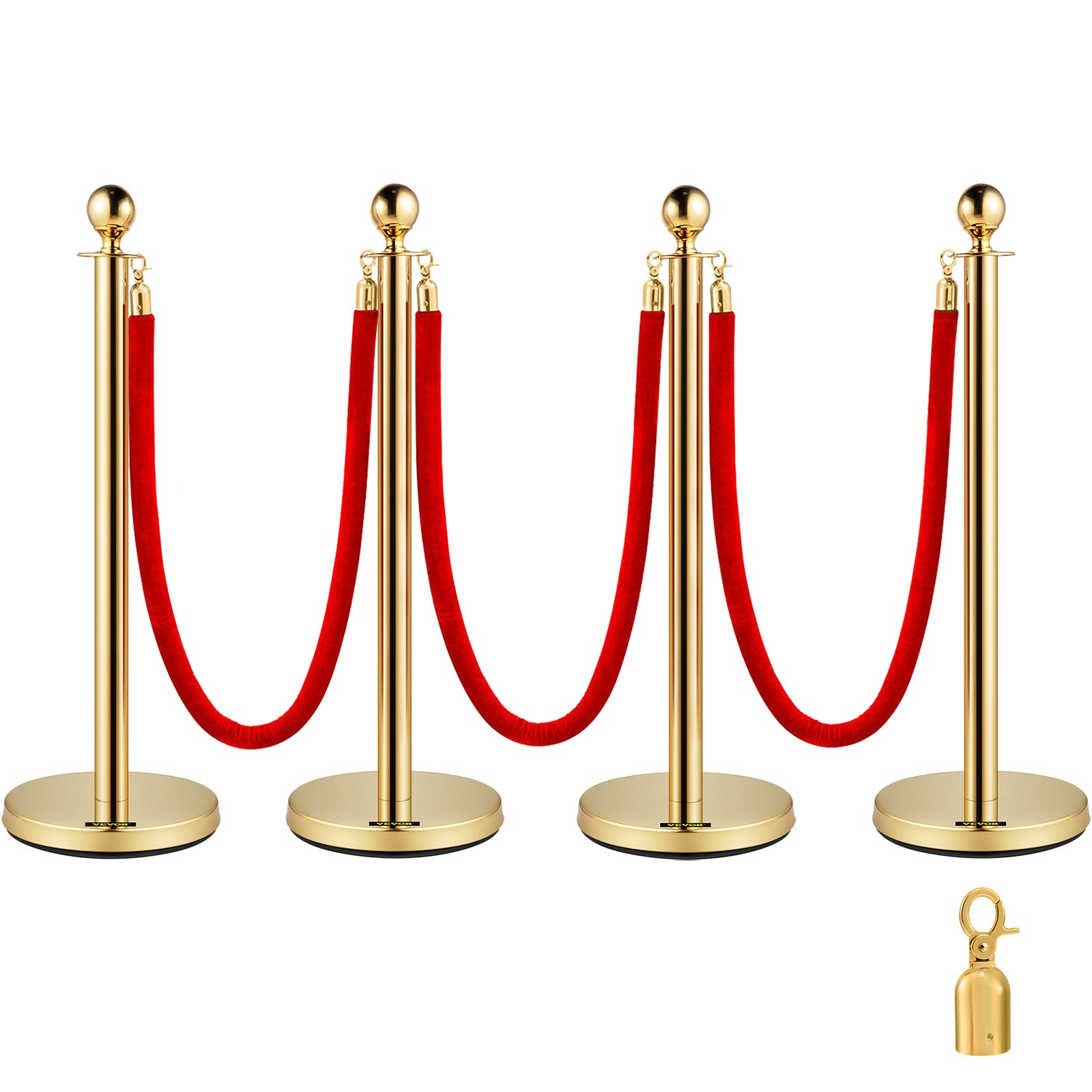 VEVOR Crowd Control Posts (Golden) (4 pcs) with 3 Red Velvet Ropes (1.5 m long), Stainless Steel & Zinc Alloy Barrier Posts for Exhibitions and Shopping Centers