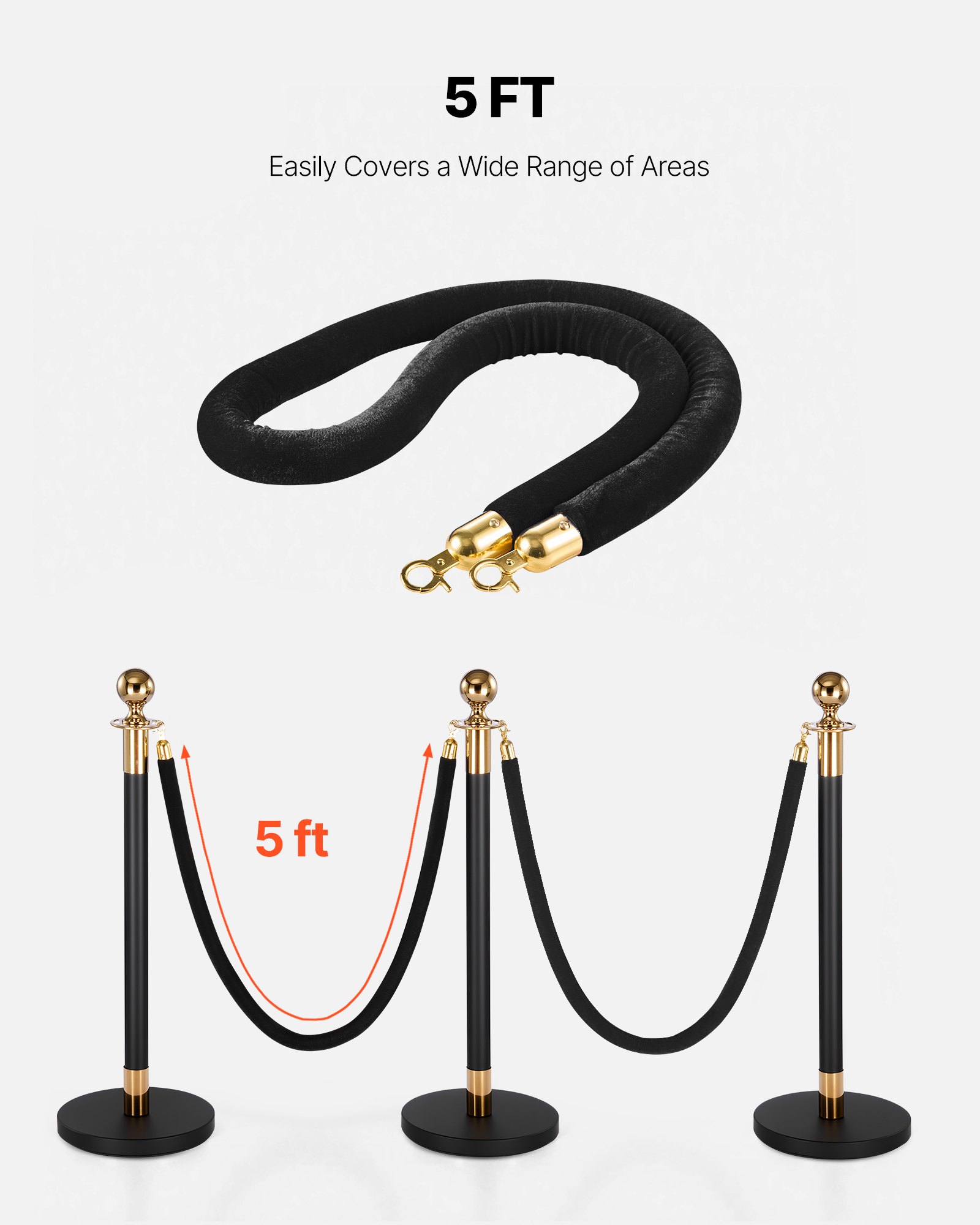 VEVOR 2 Pcs Black Velvet Stanchion Ropes, 1.5 m Crowd Control Stanchion Black Velvet Ropes with Gold Hooks, Post Queue Barrier Carpet Rope for Carpet Events Movie Theaters Grand Openings Hotels Party