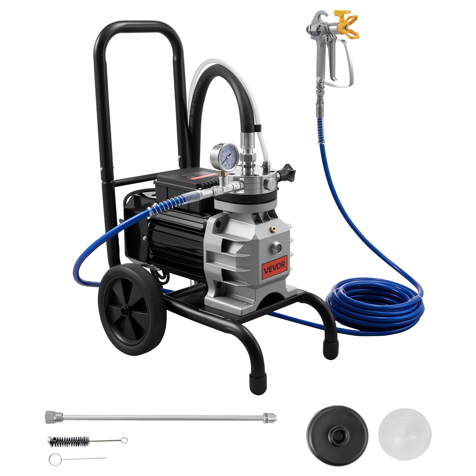 VEVOR Membranowy pistolet natryskowy bezpowietrzny o mocy 1100 W, wałkowy pistolet natryskowy o wysokim ciśnieniu 15,17 MPa, 10-metrowy wąż wysokociśnieniowy, igła czyszcząca i szczotka, do samodzielnego natryskiwania wewnątrz i na zewnątrz