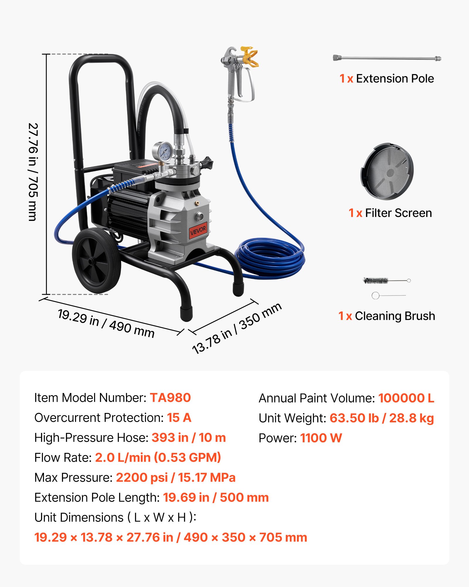 VEVOR Membranowy pistolet natryskowy bezpowietrzny o mocy 1100 W, wałkowy pistolet natryskowy o wysokim ciśnieniu 15,17 MPa, 10-metrowy wąż wysokociśnieniowy, igła czyszcząca i szczotka, do samodzielnego natryskiwania wewnątrz i na zewnątrz