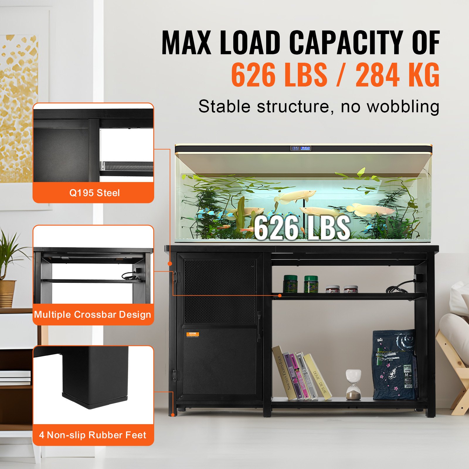 VEVOR Stojak na akwarium, 75 galonów, 132 x 50 x 82 cm Stojak na akwarium dla żółwi wykonany ze stali i płyty MDF, udźwig 284 kg, stojak na akwarium dla gadów z szafką do przechowywania i zintegrowanym zasilaczem