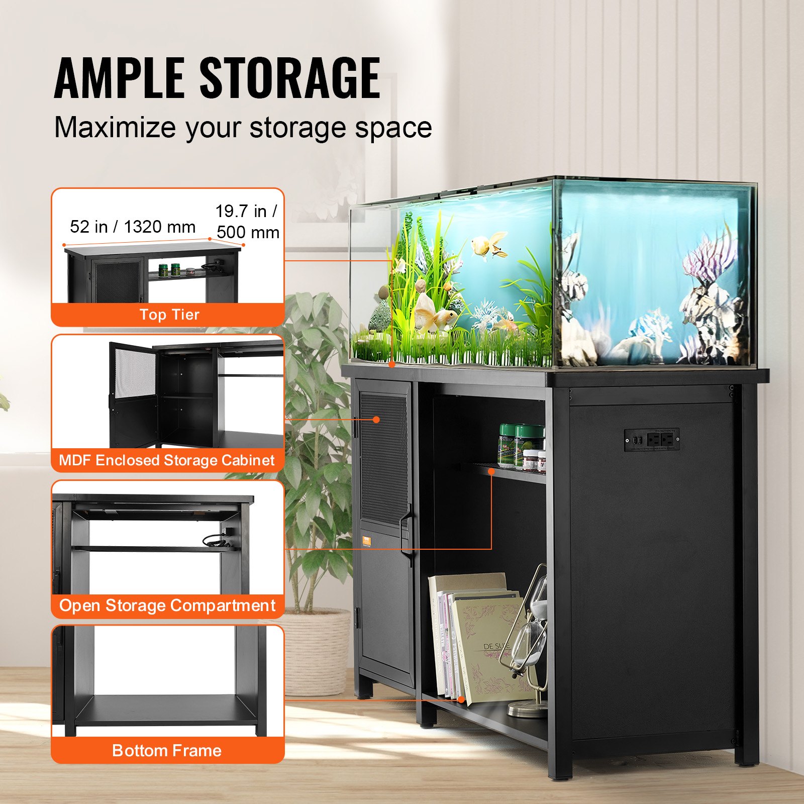 VEVOR Stojak na akwarium, 75 galonów, 132 x 50 x 82 cm Stojak na akwarium dla żółwi wykonany ze stali i płyty MDF, udźwig 284 kg, stojak na akwarium dla gadów z szafką do przechowywania i zintegrowanym zasilaczem