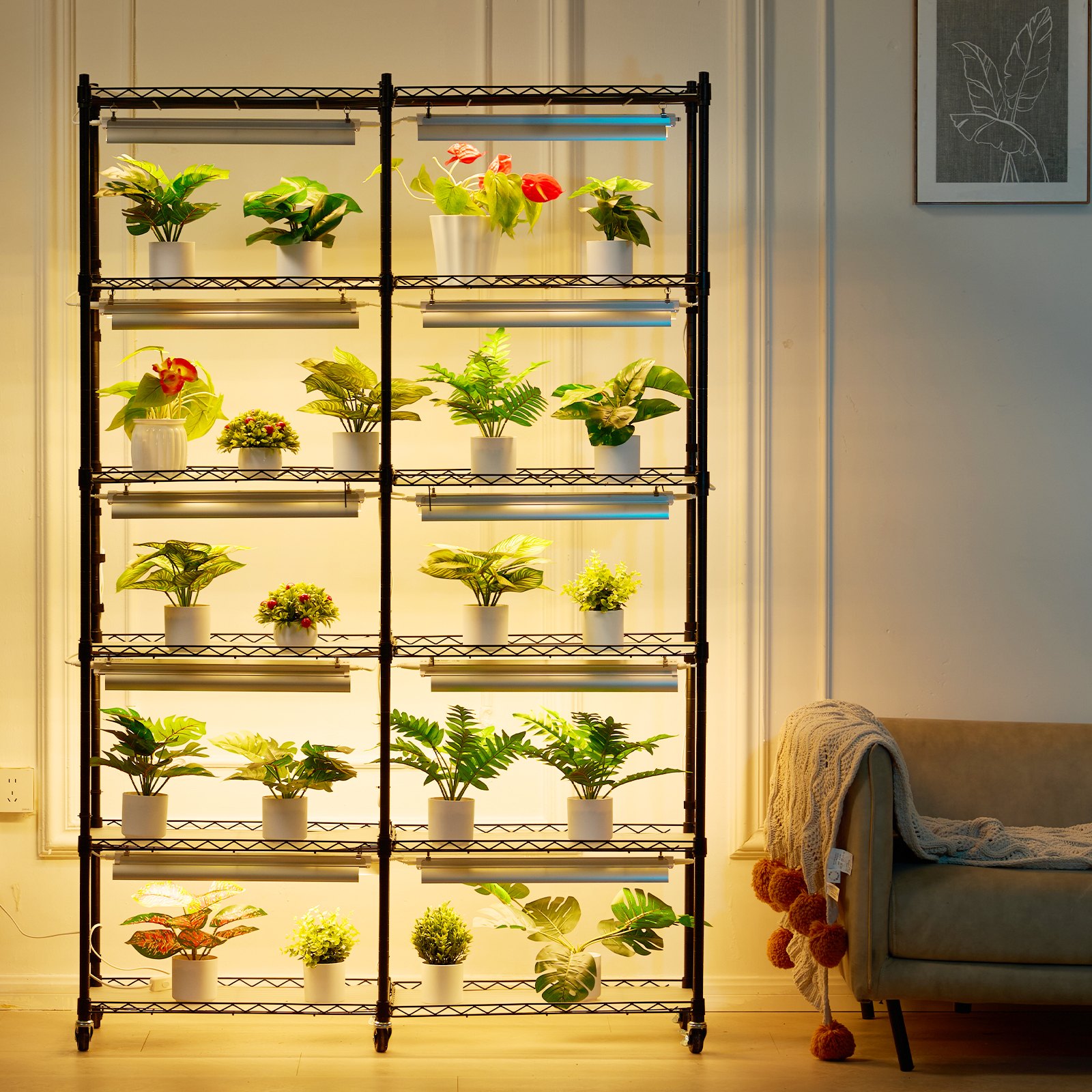 Stojak na rośliny VEVOR z lampą do uprawy roślin, 6-poziomowa półka na lampy do uprawy roślin w pomieszczeniach 200 W, pełne spektrum światła, metalowy stojak na rośliny z timerem, półka do uprawy roślin ogrodowych, 90 x 35 x 150 cm