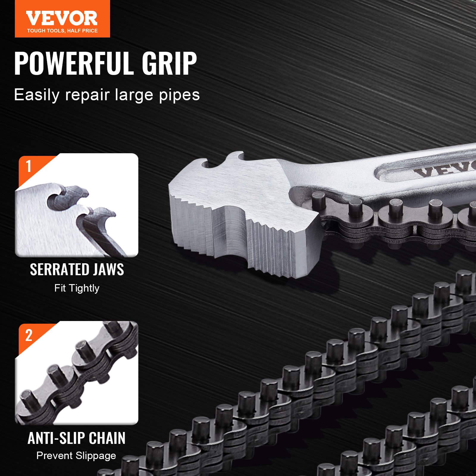 Klucz łańcuchowy VEVOR, 48-calowy klucz łańcuchowy do rur, zakres średnic 13,4 cala, odwracalny klucz do złączek rurowych CRV z wytrzymałą szczęką i ergonomicznym uchwytem, ​​do montażu rur