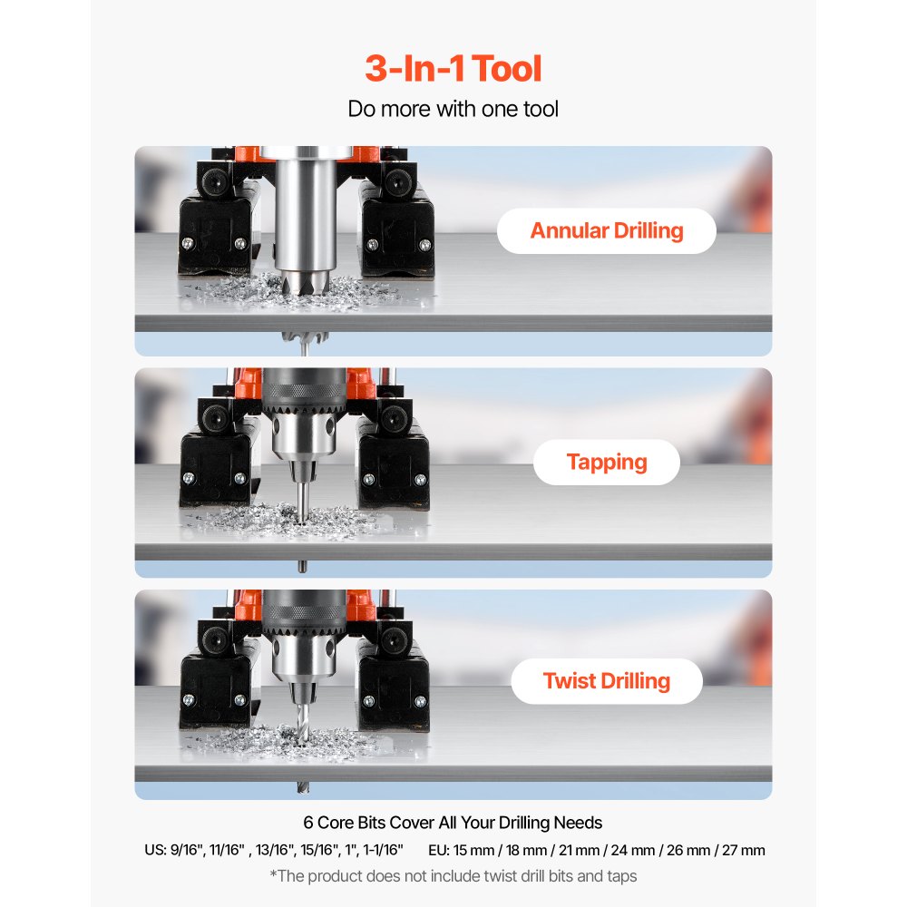 Wiertarka magnetyczna VEVOR 1400 W, średnica wiercenia 50 mm, kierunek odwrotny, wiertarka magnetyczna z 6 wiertłami rdzeniowymi do powierzchni metalowych, elektryczna wiertarka rdzeniowa do zastosowań przemysłowych, kolor pomarańczowy