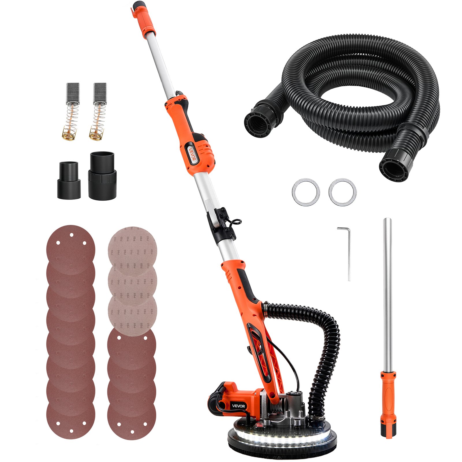 Szlifierka do płyt gipsowo-kartonowych VEVOR 850 W, szlifierka sufitowa z tarczą szlifierską 255 mm, szlifierka o długim zasięgu z prędkością 800–1700 obr./min, dioda LED z podwójnymi ściankami, wysuwana rękojeść, 15 tarcz szlifierskich, wąż do odsysania pyłu