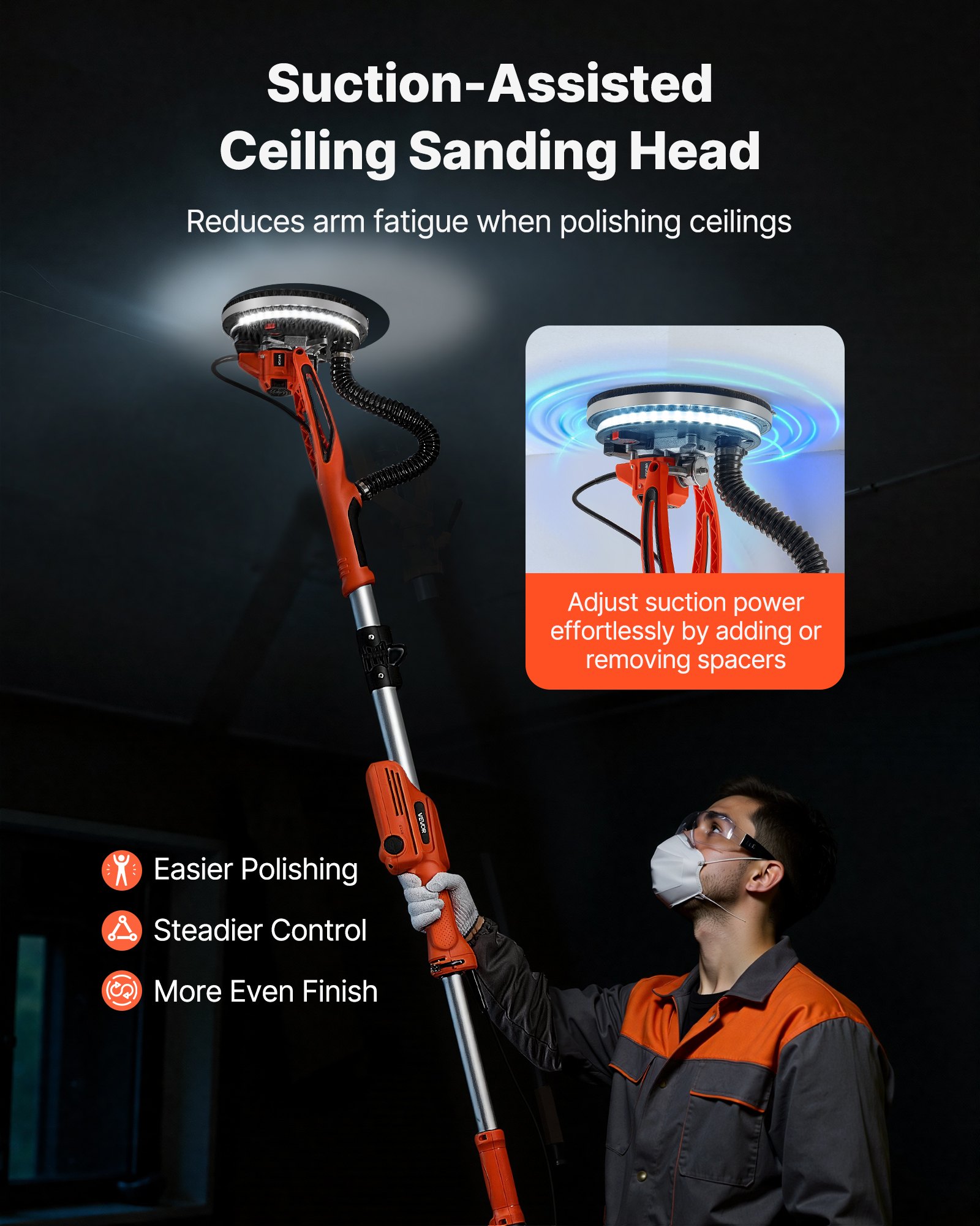VEVOR Drywall Sander, 950W Electric Drywall Sander, Popcorn Ceiling Removal Tool with 7 Variable Speed 1000-2300 RPM, Double-Deck LED Light, Foldable & Extendable Handle, 15 Sanding Discs, Dust Hose
