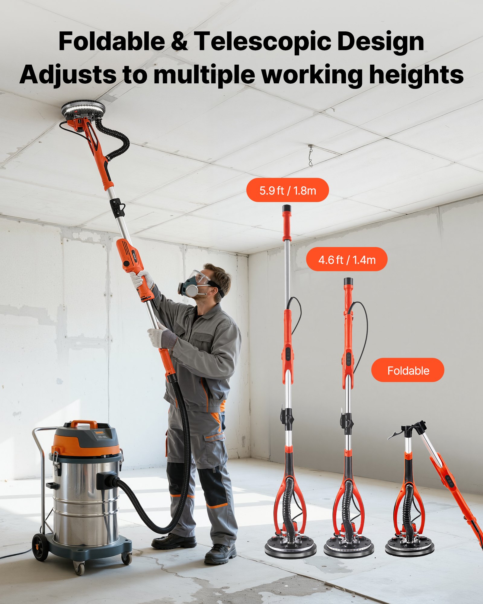 VEVOR Drywall Sander, 950W Electric Drywall Sander, Popcorn Ceiling Removal Tool with 7 Variable Speed 1000-2300 RPM, Double-Deck LED Light, Foldable & Extendable Handle, 15 Sanding Discs, Dust Hose