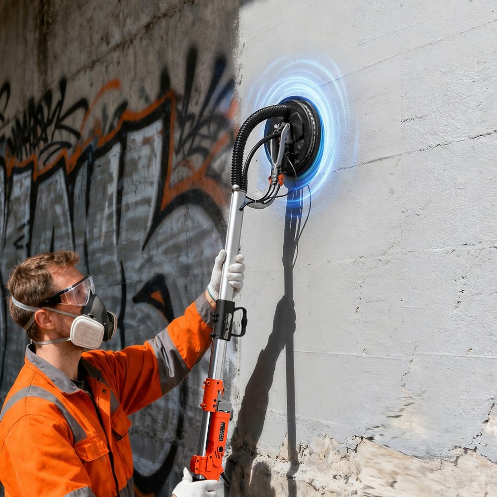 Szlifierka do płyt gipsowo-kartonowych VEVOR, szlifierka sufitowa o mocy 1010 W z tarczą szlifierską 255 mm, szlifierka o długim zasięgu z prędkością 1000–2200 obr./min, dioda LED z podwójnymi ściankami, wysuwana rękojeść, 15 tarcz szlifierskich, wąż do odsysania pyłu