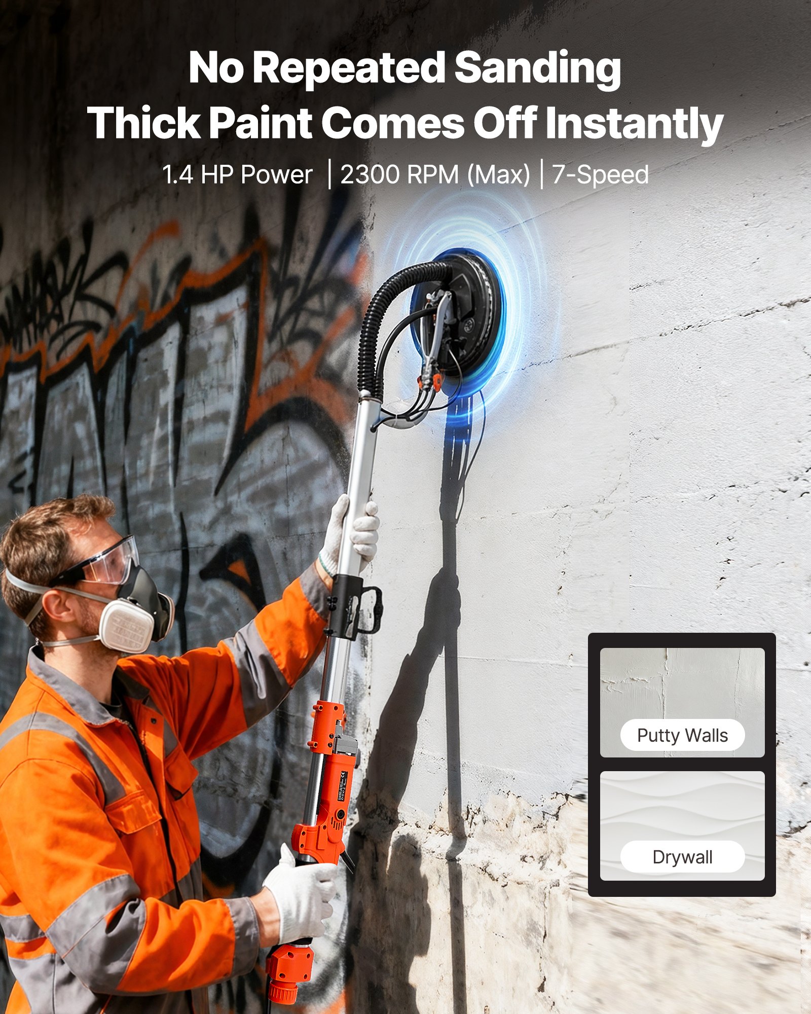 Szlifierka do płyt gipsowo-kartonowych VEVOR, szlifierka sufitowa o mocy 1010 W z tarczą szlifierską 255 mm, szlifierka o długim zasięgu z prędkością 1000–2200 obr./min, dioda LED z podwójnymi ściankami, wysuwana rękojeść, 15 tarcz szlifierskich, wąż do odsysania pyłu