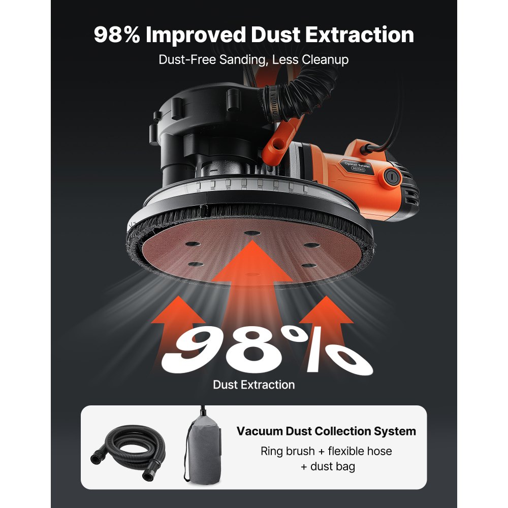 VEVOR Drywall Sander, 1150W Electric Drywall Sander, Popcorn Ceiling Removal Tool with Vacuum Dust Collection, 5 Variable Speed 800-1700 RPM, LED Light, Foldable & Extendable Handle, 15 Sanding Discs