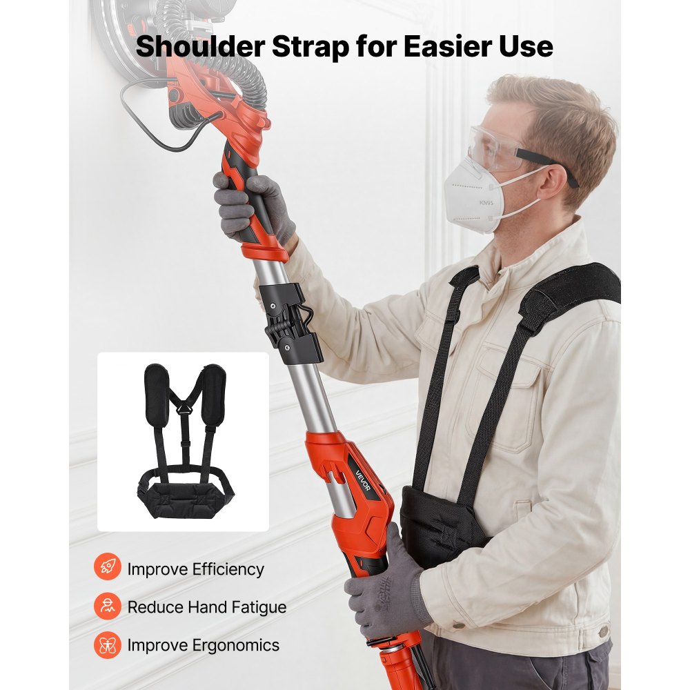 Szlifierka do płyt gipsowo-kartonowych VEVOR 1150 W, szlifierka sufitowa z tarczą szlifierską 255 mm, szlifierka o długim zasięgu z odsysaniem pyłu, prędkość 800–1700 obr./min, oświetlenie LED, wysuwana rękojeść, 15 tarcz szlifierskich