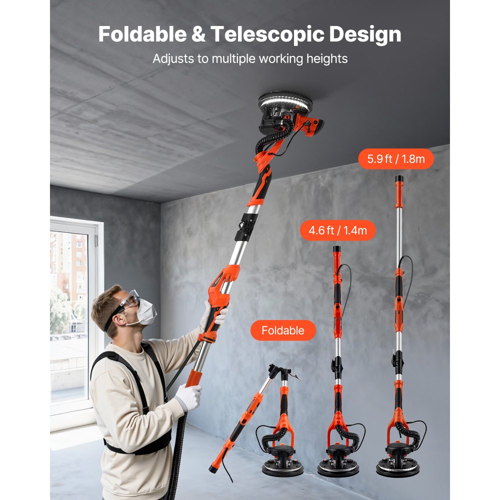 Szlifierka do płyt gipsowo-kartonowych VEVOR 1150 W, szlifierka sufitowa z tarczą szlifierską 255 mm, szlifierka o długim zasięgu z odsysaniem pyłu, prędkość 800–1700 obr./min, oświetlenie LED, wysuwana rękojeść, 15 tarcz szlifierskich