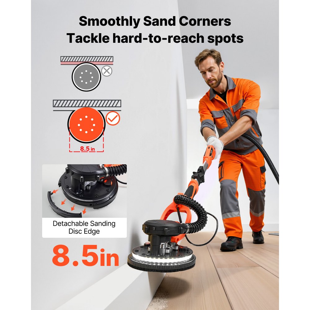 Szlifierka do płyt gipsowo-kartonowych VEVOR 1150 W, szlifierka sufitowa z tarczą szlifierską 255 mm, szlifierka o długim zasięgu z odsysaniem pyłu, prędkość 800–1700 obr./min, oświetlenie LED, wysuwana rękojeść, 15 tarcz szlifierskich