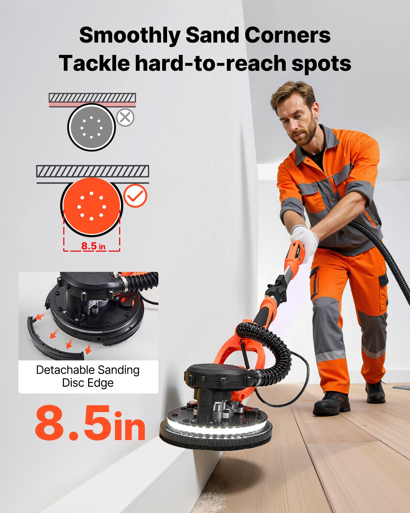 Szlifierka do płyt gipsowo-kartonowych VEVOR 1150 W, szlifierka sufitowa z tarczą szlifierską 255 mm, szlifierka o długim zasięgu z odsysaniem pyłu, prędkość 800–1700 obr./min, oświetlenie LED, wysuwana rękojeść, 15 tarcz szlifierskich