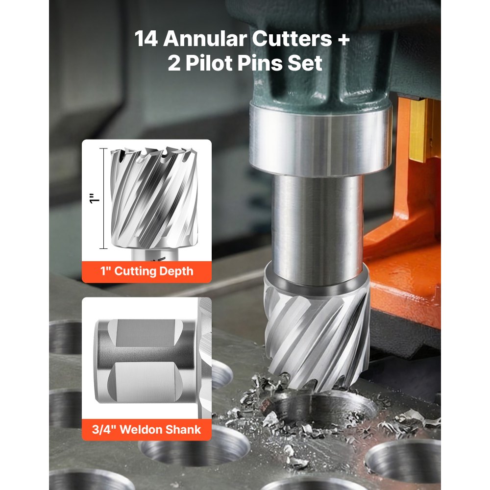 VEVOR Annular Cutter Set, 16 pcs Weldon Shank Mag Drill Bits Kit, 25.4 mm Cutting Depth, 11.11 mm to 34.92 mm Cutting Diameter, HSS, 14 Drill Bits with 2 Pilot Pins, Plastic Case, for Magnetic Drills