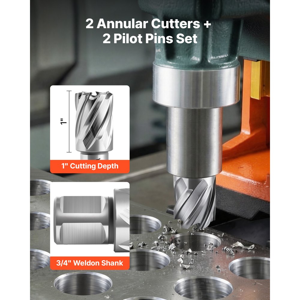 VEVOR Annular Cutter Set, 4 pcs Weldon Shank Mag Drill Bits Kit, 25.4 mm Cutting Depth, 25.4 mm Cutting Diameter, HSS, 2 Drill Bits with 2 Pilot Pins and Plastic Cases, for Magnetic Drills, Steel