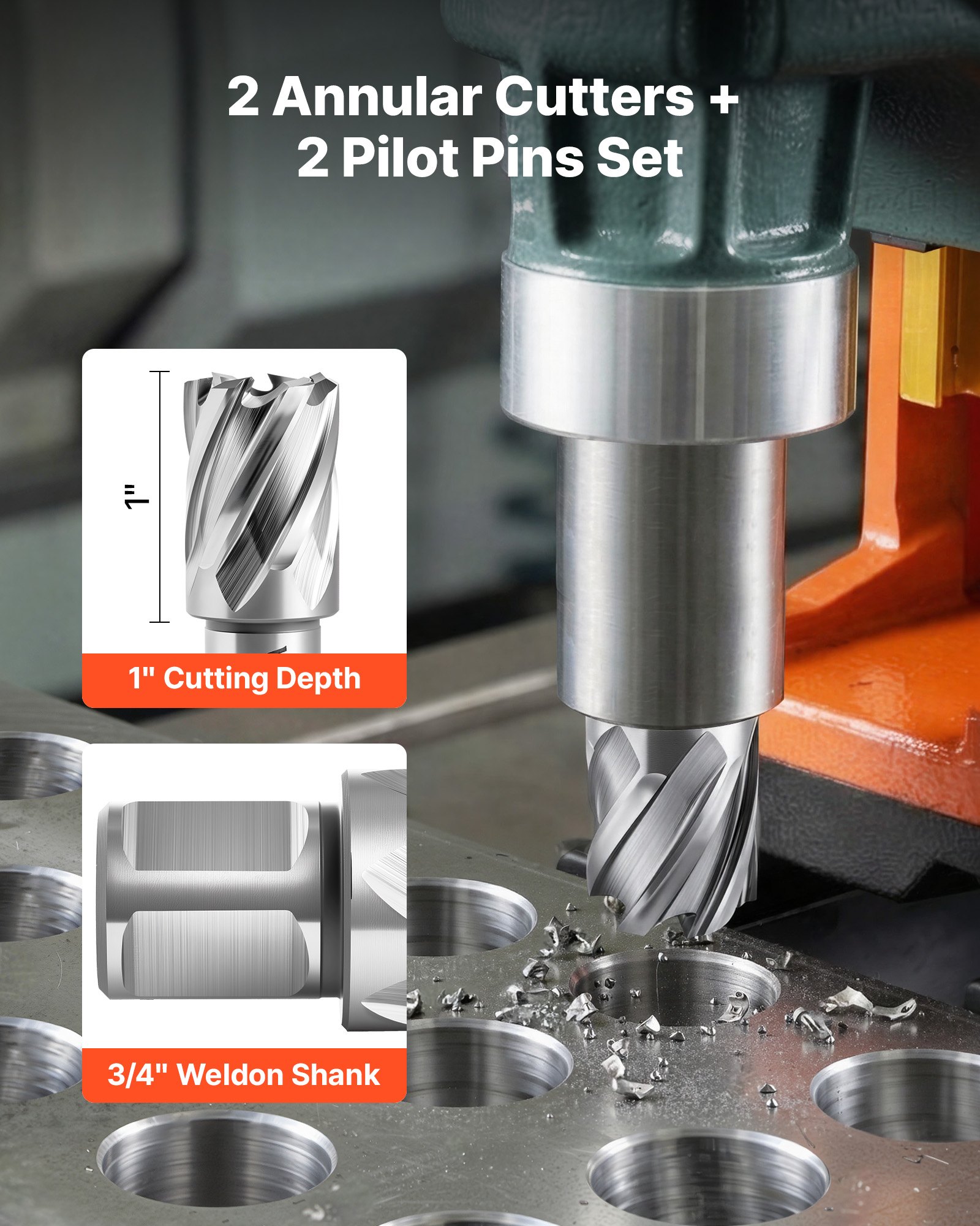 VEVOR Annular Cutter Set, 4 pcs Weldon Shank Mag Drill Bits Kit, 25.4 mm Cutting Depth, 25.4 mm Cutting Diameter, HSS, 2 Drill Bits with 2 Pilot Pins and Plastic Cases, for Magnetic Drills, Steel