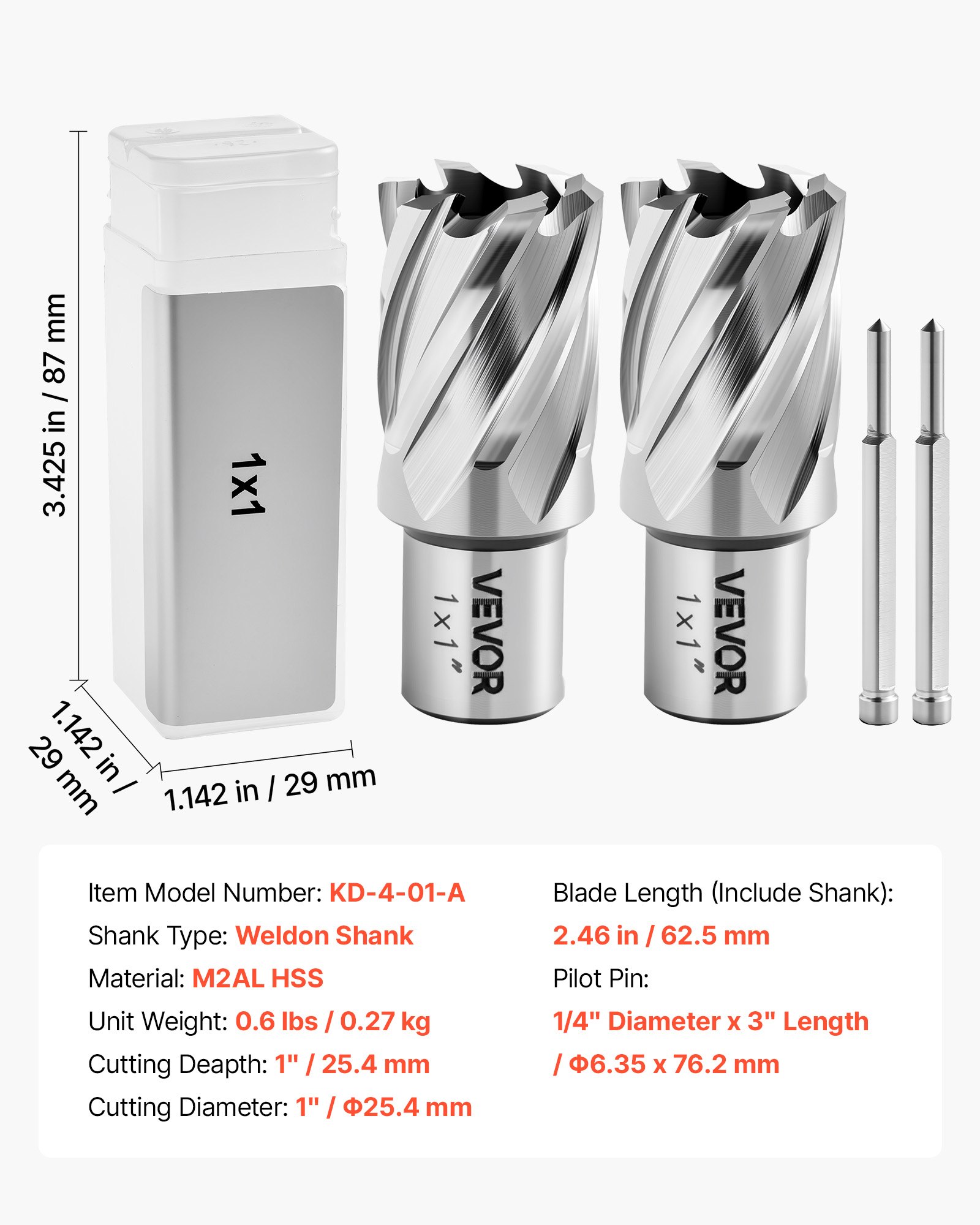 VEVOR Annular Cutter Set, 4 pcs Weldon Shank Mag Drill Bits Kit, 25.4 mm Cutting Depth, 25.4 mm Cutting Diameter, HSS, 2 Drill Bits with 2 Pilot Pins and Plastic Cases, for Magnetic Drills, Steel