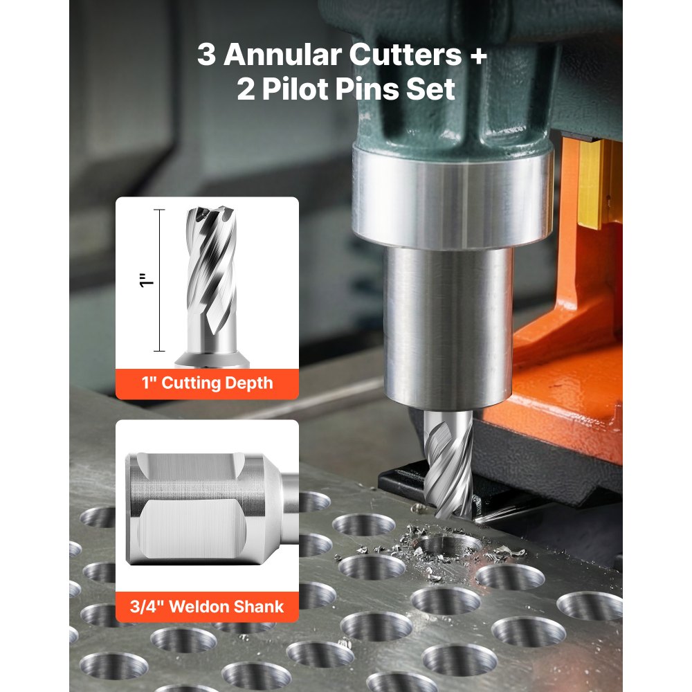 VEVOR Annular Cutter Set, 5 pcs Weldon Shank Mag Drill Bits Kit, 25.4 mm Cutting Depth, 12.7 mm Cutting Diameter, HSS, 3 Drill Bits with 2 Pilot Pins and 3 Plastic Cases, for Magnetic Drills, Steel