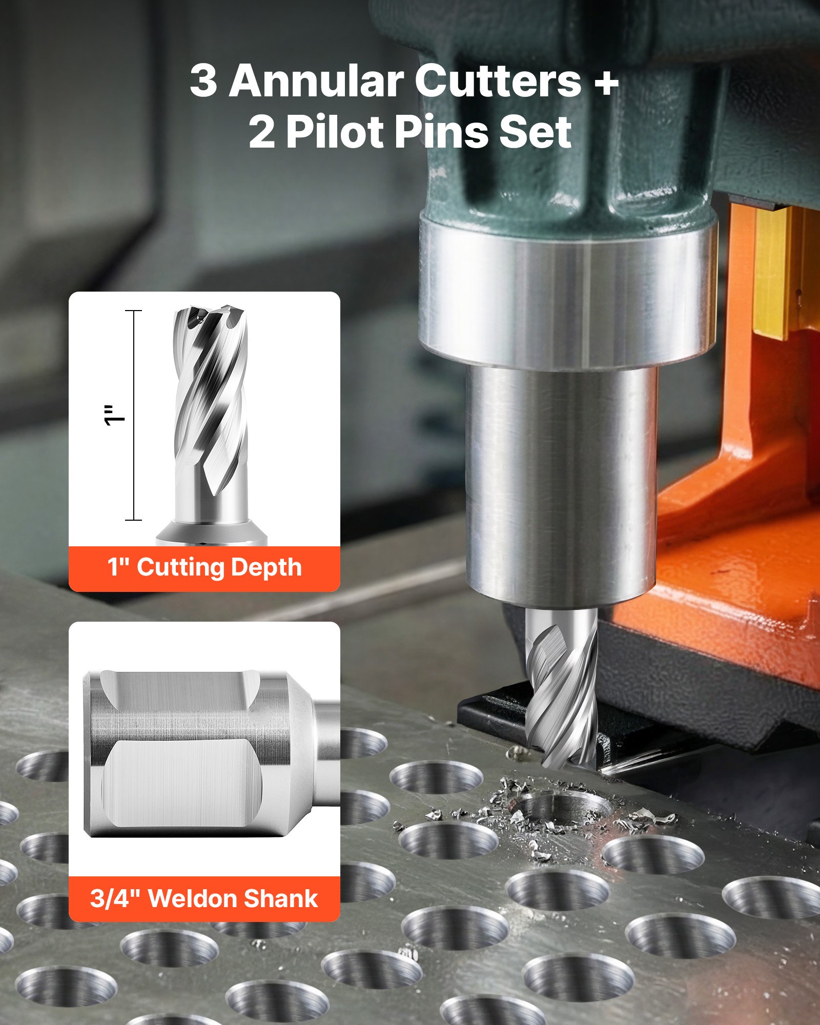 VEVOR Annular Cutter Set, 5 pcs Weldon Shank Mag Drill Bits Kit, 25.4 mm Cutting Depth, 12.7 mm Cutting Diameter, HSS, 3 Drill Bits with 2 Pilot Pins and 3 Plastic Cases, for Magnetic Drills, Steel