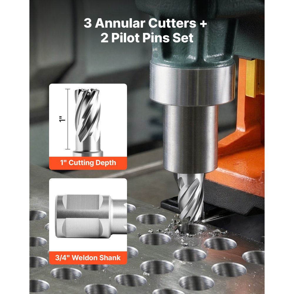 VEVOR Annular Cutter Set, 5 pcs Weldon Shank Mag Drill Bits Kit, 25.4 mm Cutting Depth, 12.7 / 15.87 / 25.4 mm Cutting Dia, HSS, 3 Drill Bits with 2 Pilot Pins and 3 Plastic Cases, for Magnetic Drills