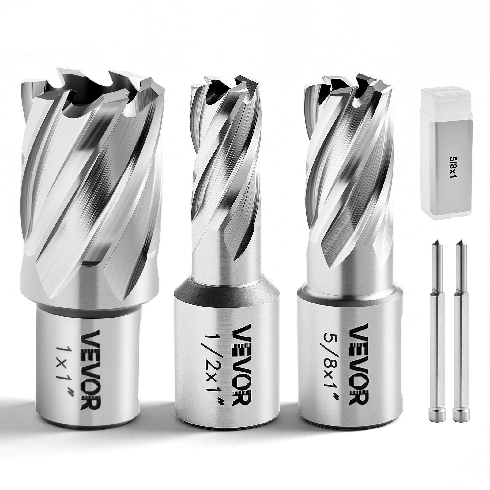 VEVOR Annular Cutter Set, 5 pcs Weldon Shank Mag Drill Bits Kit, 25.4 mm Cutting Depth, 12.7 / 15.87 / 25.4 mm Cutting Dia, HSS, 3 Drill Bits with 2 Pilot Pins and 3 Plastic Cases, for Magnetic Drills