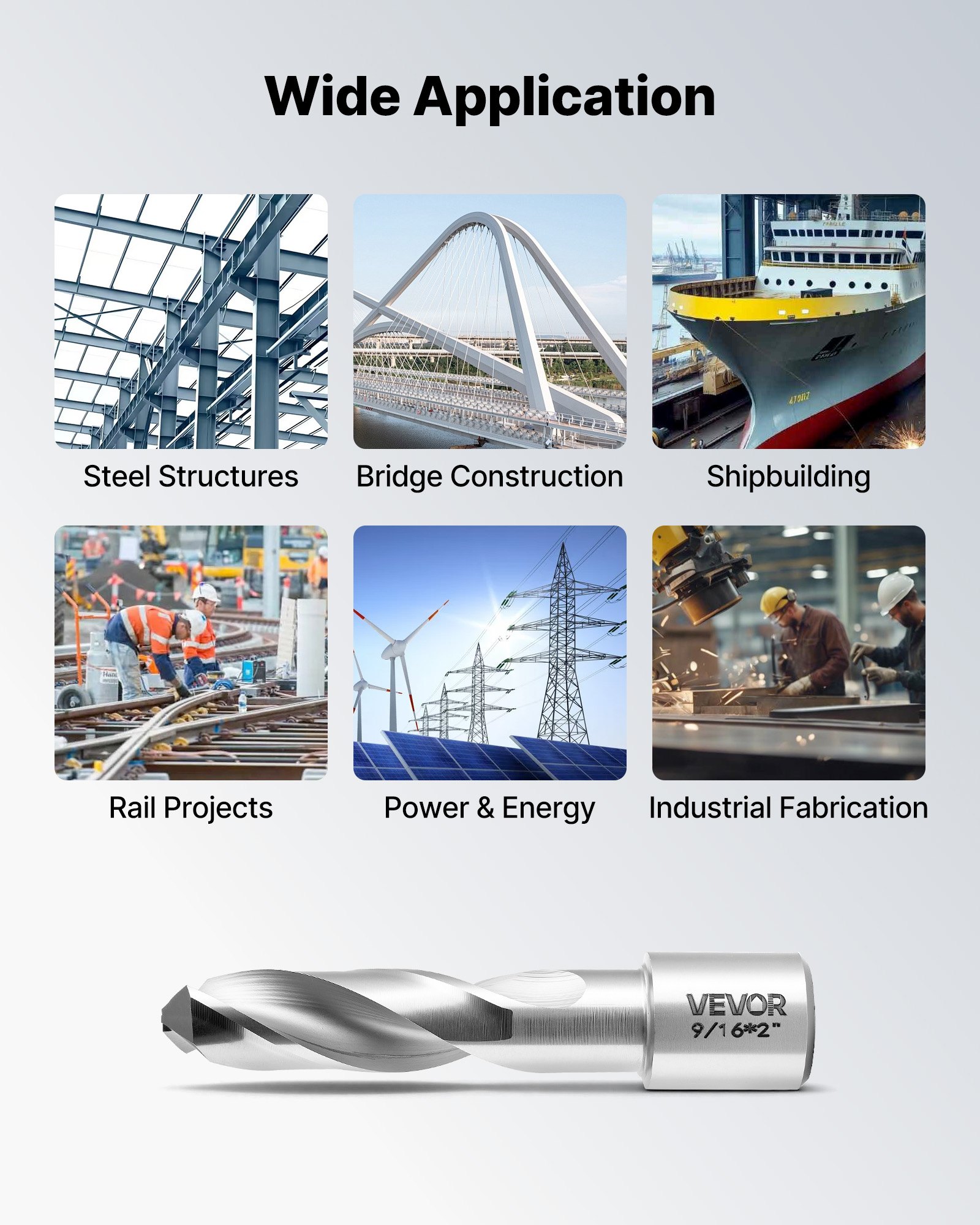 Zestaw wierteł rdzeniowych HSS VEVOR, chwyt Weldon, 6 elementów, zestaw wierteł magnetycznych, średnica cięcia 6,35–14,28 mm, 6 wierteł w plastikowej kasecie, głębokość cięcia 50,8 mm, idealny do wiertarek magnetycznych, stali, aluminium, miedzi