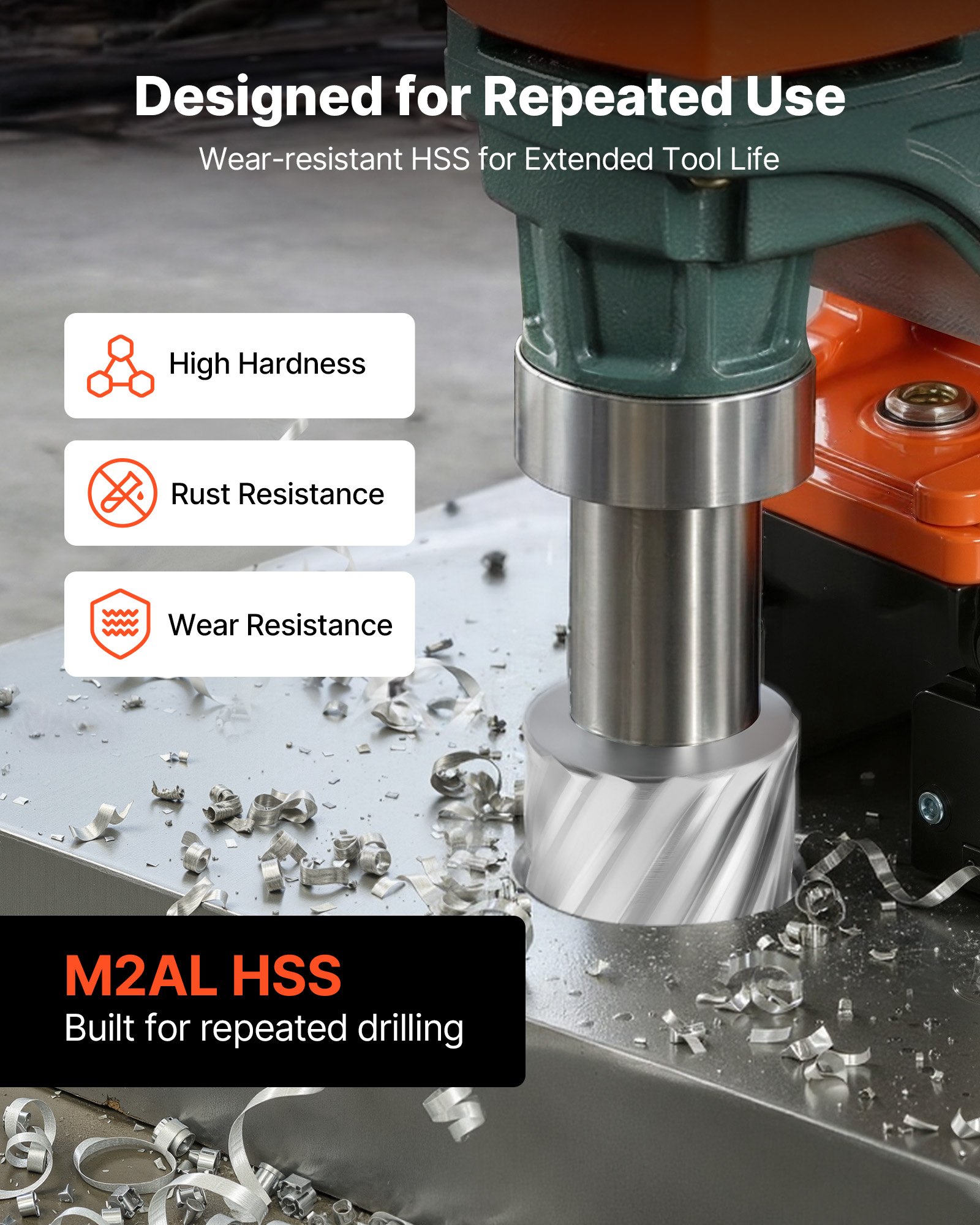 Zestaw wierteł rdzeniowych HSS VEVOR, chwyt Weldon, 8-częściowy, zestaw wierteł magnetycznych, średnica cięcia 22,22–50,8 mm, 6 wierteł z 2 kołkami centrującymi, głębokość cięcia 50,8 mm, obudowa z tworzywa sztucznego, do wiertarek magnetycznych, aluminium