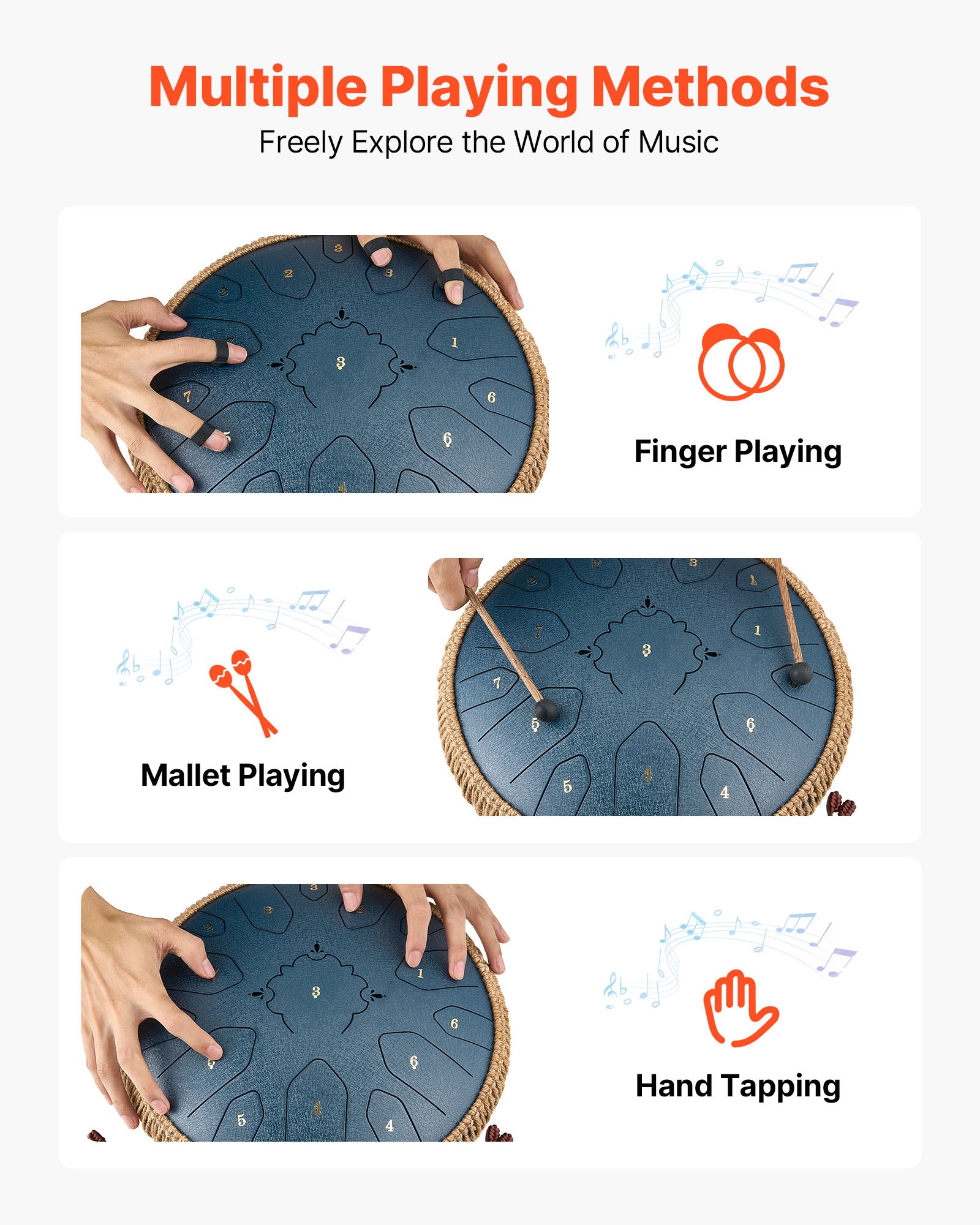 VEVOR Steel Tongue Drum, 33cm 15 Notes Rain Drum for Outside Garden, C Major Musical Drums with Music Book & Mallets, Percussion Instrument for Meditation Yoga Beginner Musical Education, Navy Blue