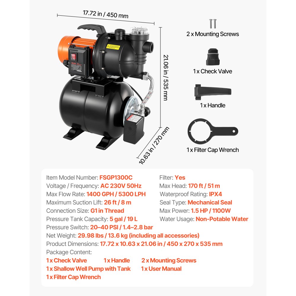 System zaopatrzenia w wodę VEVOR do użytku domowego, 1100 W, pompa strumieniowa 5300 l/h ze zbiornikiem ciśnieniowym 19 l, wysokość podnoszenia 51 m, w tym filtr, zawór zwrotny i plastikowa głowica pompy, do automatycznego nawadniania ogrodu i domowego zaopatrzenia w wodę