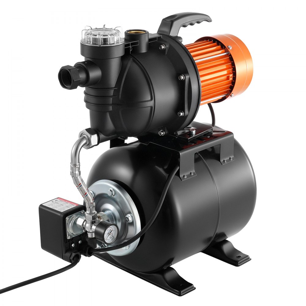 System zaopatrzenia w wodę VEVOR do użytku domowego, 1100 W, pompa strumieniowa 5300 l/h ze zbiornikiem ciśnieniowym 19 l, wysokość podnoszenia 51 m, w tym filtr, zawór zwrotny i plastikowa głowica pompy, do automatycznego nawadniania ogrodu i domowego zaopatrzenia w wodę