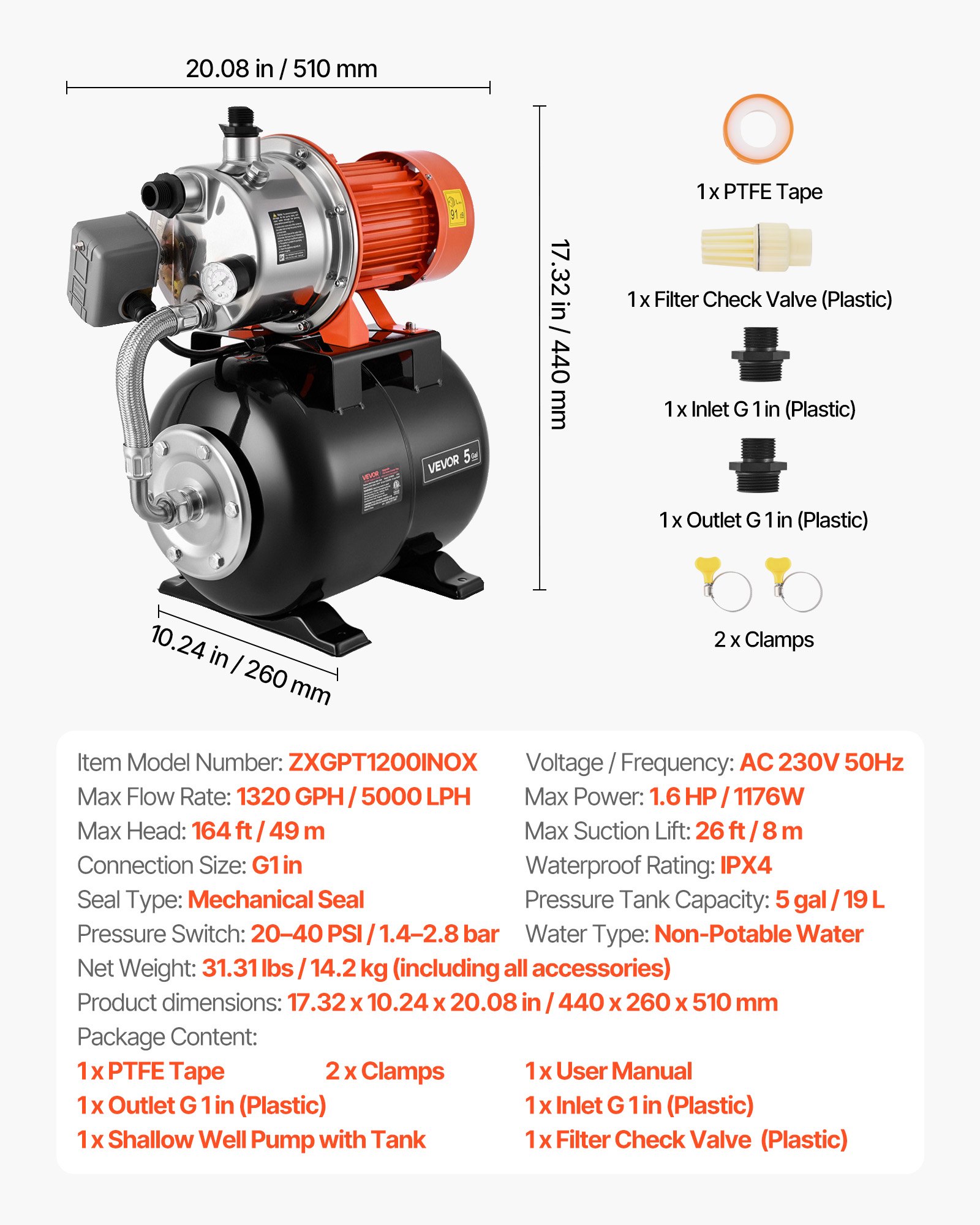 VEVOR Domowy system zaopatrzenia w wodę Pompa do płytkiej studni 1,6 KM 5000 l/h ze zbiornikiem ciśnieniowym do ogrodu, trawnika i zaopatrzenia w wodę do użytku domowego, wysokość podnoszenia 49 m, wysokość ssania 8 m, stopień ochrony przed wodą IPX4 i manometr