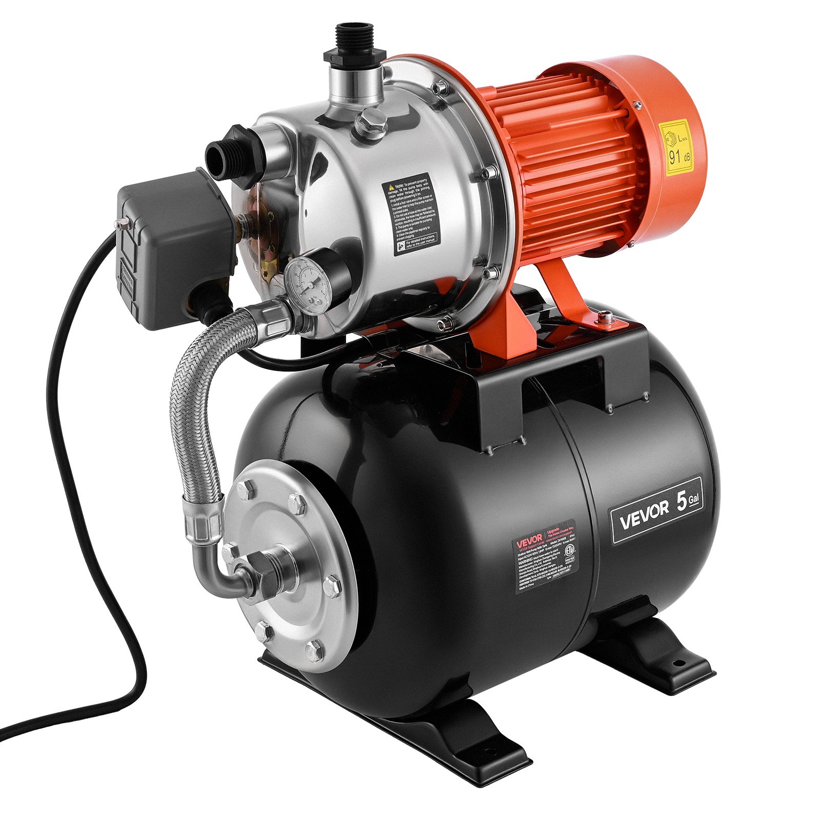 VEVOR Domowy system zaopatrzenia w wodę Pompa do płytkiej studni 1,6 KM 5000 l/h ze zbiornikiem ciśnieniowym do ogrodu, trawnika i zaopatrzenia w wodę do użytku domowego, wysokość podnoszenia 49 m, wysokość ssania 8 m, stopień ochrony przed wodą IPX4 i manometr