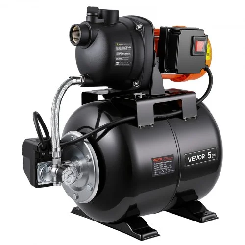 Domowy system zaopatrzenia w wodę VEVOR z 19-litrowym zbiornikiem ciśnieniowym i pompą ogrodową o wydajności 3750 l/h, w kolorze czarnym. Idealny do nawadniania domu i ogrodu z wyłącznikiem ciśnieniowym (1,4–2,8 bara), manometrem, wysokością podnoszenia 39 m i stopniem ochrony IPX4.
