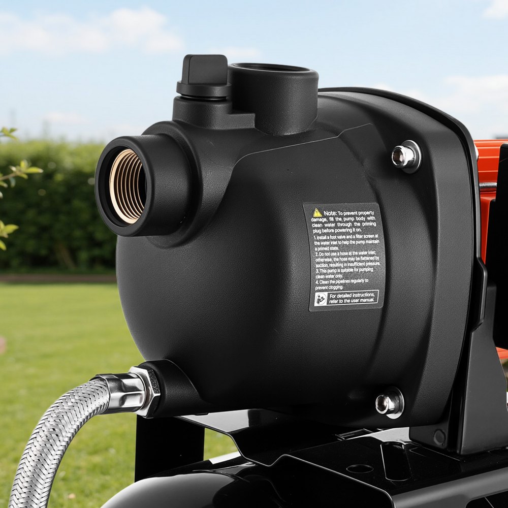 Domowy system zaopatrzenia w wodę VEVOR z 19-litrowym zbiornikiem ciśnieniowym i pompą ogrodową o wydajności 3750 l/h, w kolorze czarnym. Idealny do nawadniania domu i ogrodu z wyłącznikiem ciśnieniowym (1,4–2,8 bara), manometrem, wysokością podnoszenia 39 m i stopniem ochrony IPX4.