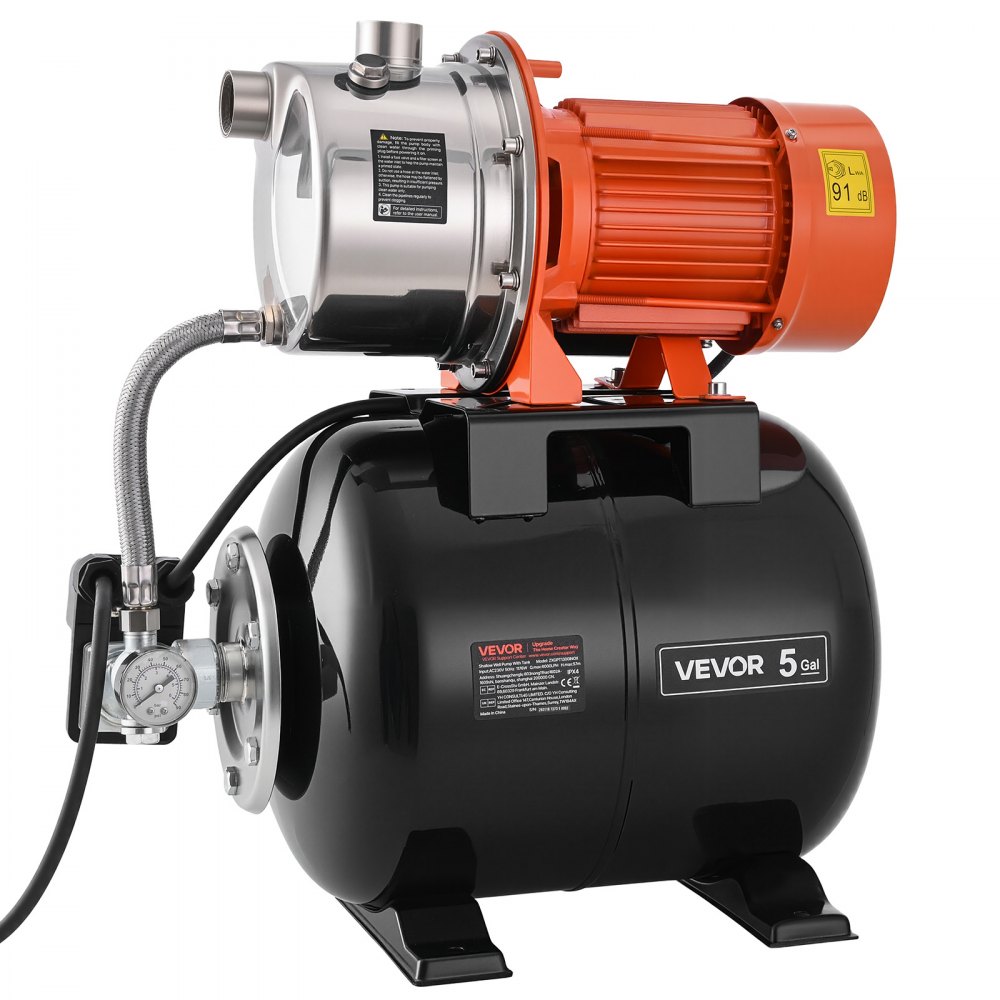 System zaopatrzenia w wodę VEVOR o mocy 1176 W, pompa strumieniowa 6000 l/h ze zbiornikiem ciśnieniowym o pojemności 19 l, wysokość podnoszenia 57 m, z automatycznym systemem zaopatrzenia w wodę i głowicą pompy ze stali nierdzewnej, do nawadniania ogrodu i zaopatrzenia w wodę użytkową