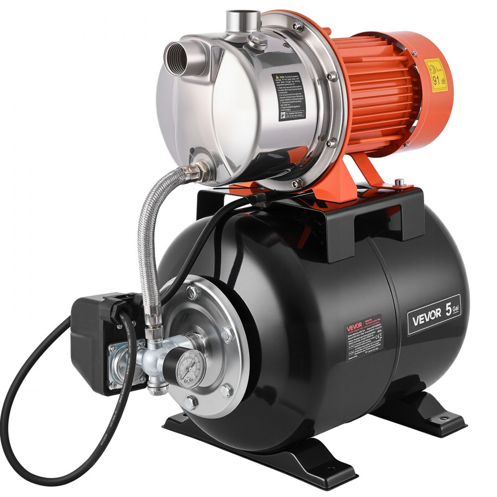 System zaopatrzenia w wodę VEVOR o mocy 1176 W, pompa strumieniowa 6000 l/h ze zbiornikiem ciśnieniowym o pojemności 19 l, wysokość podnoszenia 57 m, z automatycznym systemem zaopatrzenia w wodę i głowicą pompy ze stali nierdzewnej, do nawadniania ogrodu i zaopatrzenia w wodę użytkową