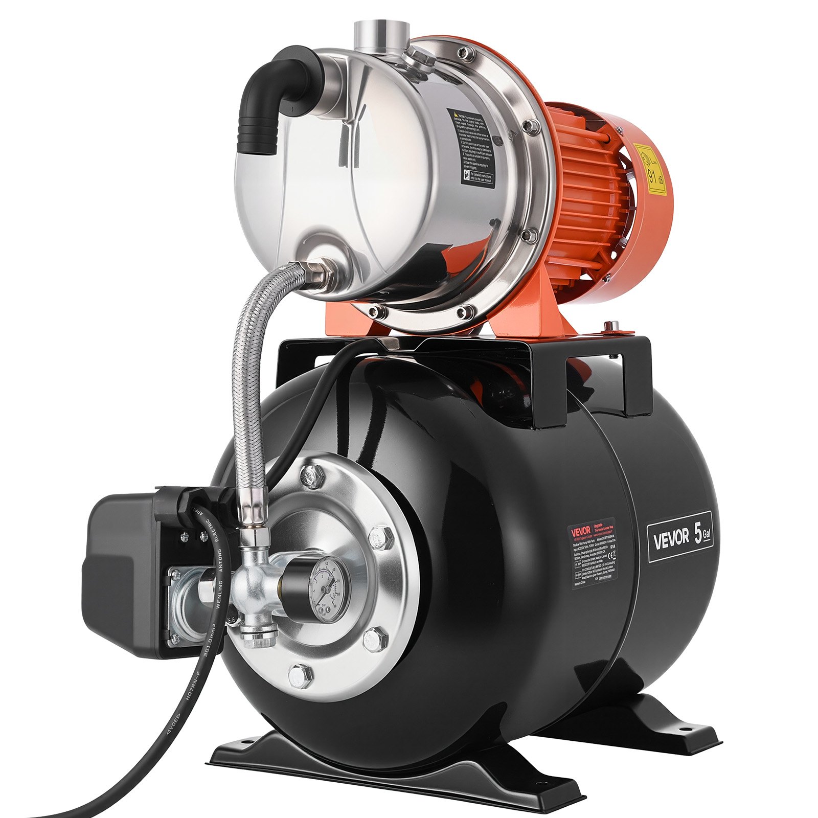 System zaopatrzenia w wodę VEVOR o mocy 1176 W, pompa strumieniowa 6000 l/h ze zbiornikiem ciśnieniowym o pojemności 19 l, wysokość podnoszenia 57 m, z automatycznym systemem zaopatrzenia w wodę i głowicą pompy ze stali nierdzewnej, do nawadniania ogrodu i zaopatrzenia w wodę użytkową