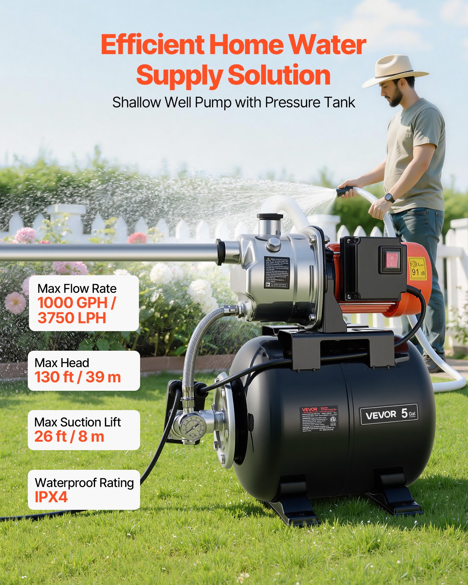 VEVOR System zaopatrzenia w wodę do użytku domowego, pompa do płytkiej studni 1 KM 3750 l/h ze zbiornikiem ciśnieniowym 1,4–2,8 bara, do ogrodu, trawnika i zaopatrzenia w wodę do użytku domowego, wysokość podnoszenia 39 m, wysokość ssania 8 m, stopień ochrony IPX4 i manometr