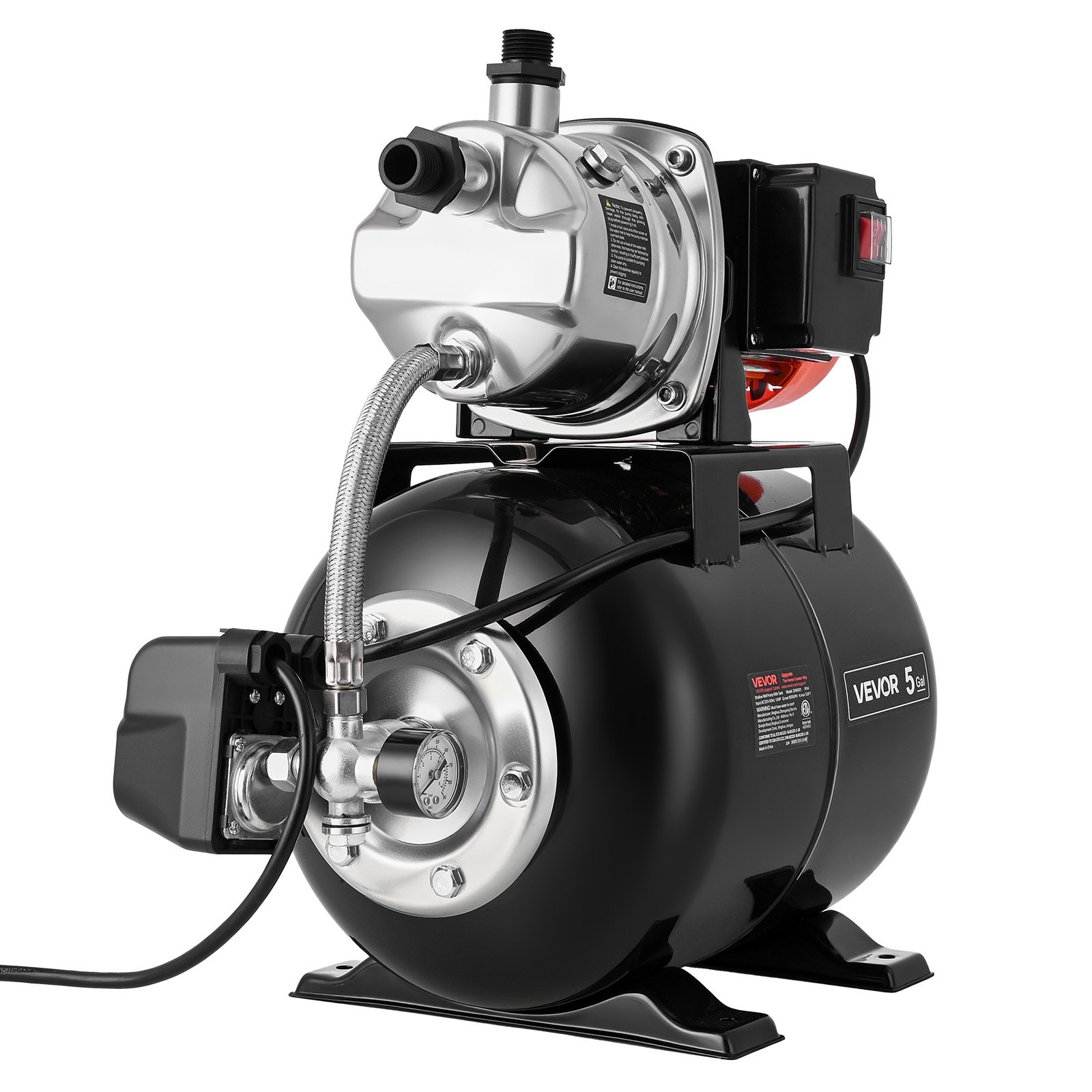 VEVOR System zaopatrzenia w wodę do użytku domowego, pompa do płytkiej studni 1 KM 3750 l/h ze zbiornikiem ciśnieniowym 1,4–2,8 bara, do ogrodu, trawnika i zaopatrzenia w wodę do użytku domowego, wysokość podnoszenia 39 m, wysokość ssania 8 m, stopień ochrony IPX4 i manometr