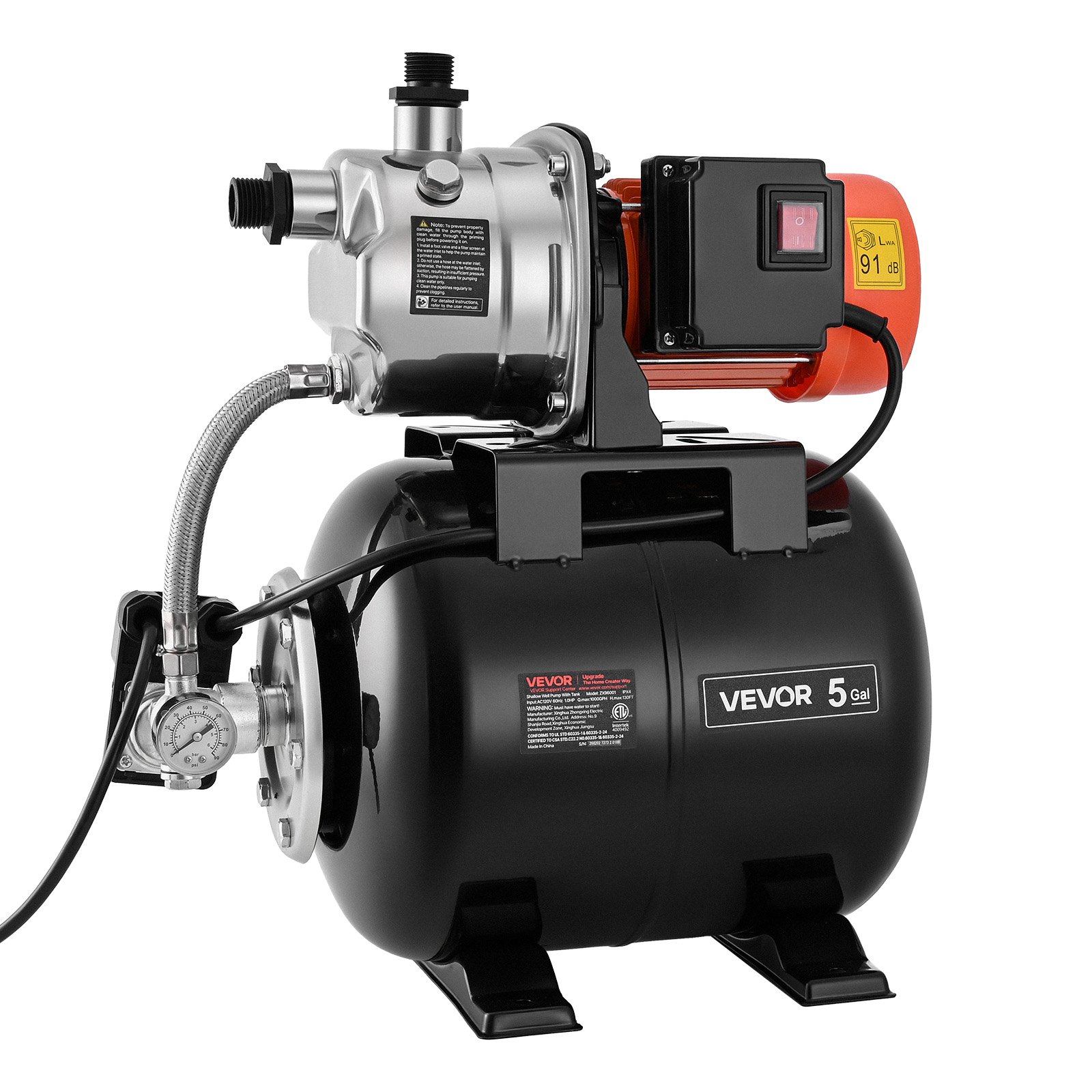 VEVOR System zaopatrzenia w wodę do użytku domowego, pompa do płytkiej studni 1 KM 3750 l/h ze zbiornikiem ciśnieniowym 1,4–2,8 bara, do ogrodu, trawnika i zaopatrzenia w wodę do użytku domowego, wysokość podnoszenia 39 m, wysokość ssania 8 m, stopień ochrony IPX4 i manometr