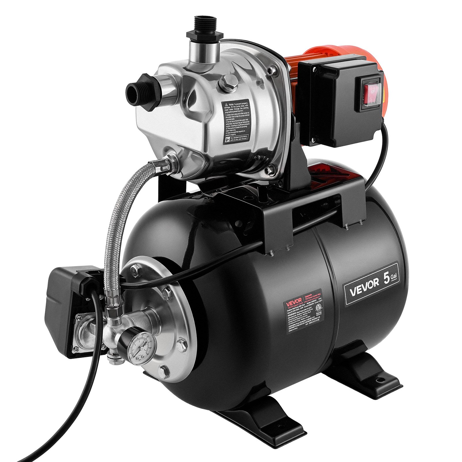 VEVOR System zaopatrzenia w wodę do użytku domowego, pompa do płytkiej studni 1 KM 3750 l/h ze zbiornikiem ciśnieniowym 1,4–2,8 bara, do ogrodu, trawnika i zaopatrzenia w wodę do użytku domowego, wysokość podnoszenia 39 m, wysokość ssania 8 m, stopień ochrony IPX4 i manometr