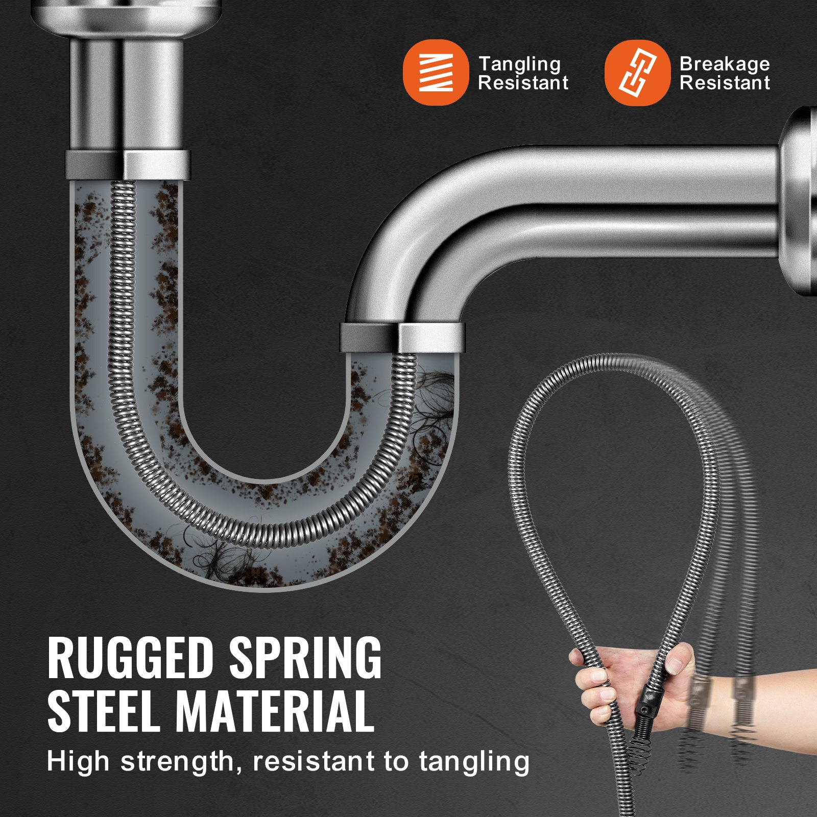 VEVOR Spirala do czyszczenia odpływów 30 m x 19 mm, stalowa spirala do czyszczenia odpływów z 4 obcinakami do rur o średnicy od 100 do 200 mm, spirala do czyszczenia odpływów z rdzeniem wewnętrznym do zlewu, odpływu podłogowego, toalety